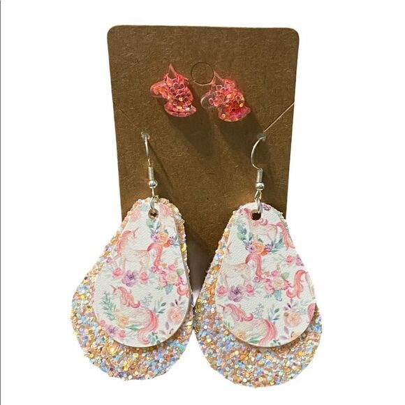 Women's Glitter Unicorn Earring Set Dangle‎ And Studs Peach Set Vegan Leather - Picture 1 of 8
